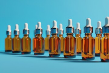 Poster - Row of small bottles filled with liquid. Great for pharmaceutical or scientific concepts