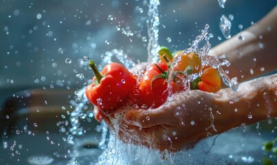 Wall Mural - Woman washing vegetables with a vigorous splash of water