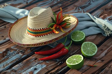 Poster - Fresh limes and a straw hat on a rustic wooden table. Perfect for summer-themed designs