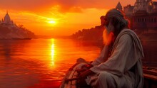 Indian Man Rowing Boat On The River At Sunset