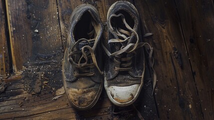 Poster - Pair of dirty shoes on wooden floor, suitable for various concepts