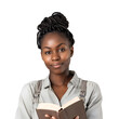 Holding a Book: Portrait of an Afro-American Woman, the Teacher and Student, Isolated on Transparent Background, PNG