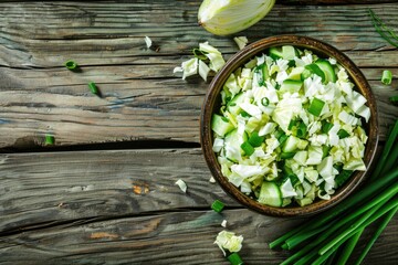 A bowl filled with chopped green vegetables on top of a wooden table. Perfect for healthy eating concept