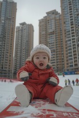 Poster - A baby in red coat sitting on snowboard in snow. Generative AI.