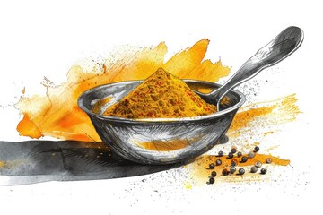 Poster - A drawing of a bowl of spices with a spoon. Perfect for culinary concepts