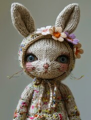 Poster - A knitted bunny with a flower on its head and a sweater. Generative AI.