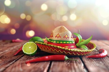 Aufkleber - A sombren with lime and chilis on a wooden table. Perfect for food and spice related projects