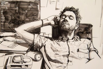 Aufkleber - A black and white drawing of a man using a cell phone. Suitable for communication concepts