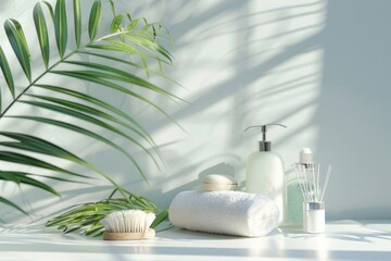 Canvas Print - Neat display of towels and brush on white table, ideal for household or cleaning themes