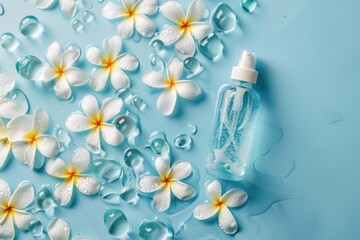 Poster - Close up of a bottle of water with floral background. Perfect for hydration or nature concepts