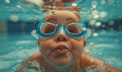 Canvas Print - A close-up of a child wearing goggles swimming in a pool. Generative AI.