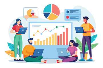 Poster - people analyzing business graphs on laptops in front of a large screen, people analyzing business gr