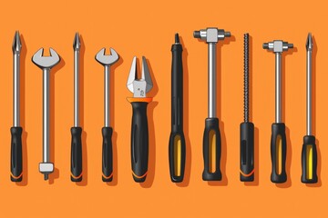 Poster - Various tools arranged on a vibrant orange background. Suitable for industrial and construction themes