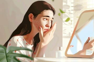 Poster - Woman examining her skin in a mirror, suitable for beauty and skincare concepts