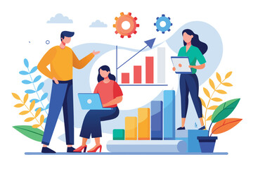 Poster - A group of individuals are gathered around a laptop, analyzing growth data, people are analyzing growth dat, Simple and minimalist flat Vector Illustration