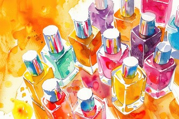 Poster - A colorful painting of various perfume bottles. Perfect for beauty and fragrance concepts
