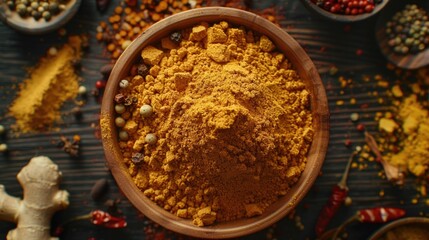 Poster - A wooden bowl filled with a mixture of spices. Perfect for food and cooking concepts