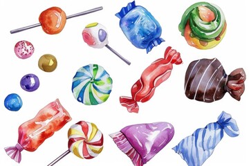Poster - Colorful watercolor painting of various candies. Suitable for confectionery or party themes