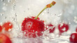 Cherry berry inside splashing juice on white background