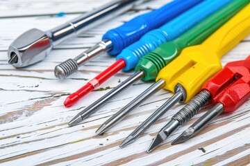 Poster - Various tools neatly arranged on a wooden surface, suitable for a workshop setting