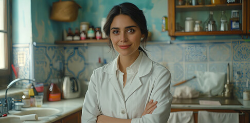 Wall Mural - A woman in a white lab coat stands in front of a kitchen counter. She is smiling and she is happy