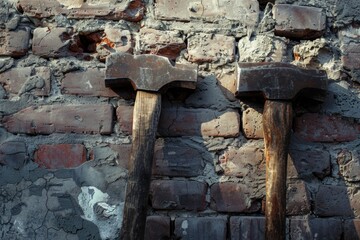 Poster - Two hammers leaning against a brick wall. Suitable for construction or renovation concepts