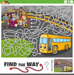 maze game with funny cartoon people group and bus