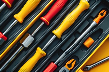 Poster - Assorted tools neatly arranged in a toolbox. Suitable for construction or DIY projects