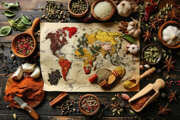 Aufkleber - A unique world map surrounded by a variety of spices and herbs. Ideal for culinary, travel, or cultural concepts