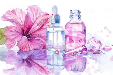 Poster - A painting of a perfume bottle next to a beautiful flower. Ideal for beauty and fragrance concepts