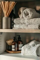 Poster - A neatly arranged shelf with towels and various items for home organization