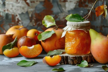 Aufkleber - A jar filled with fruit on a table, suitable for various food and kitchen-related designs