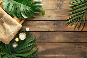 Aufkleber - A wooden table topped with a towel and two candles. Perfect for spa or relaxation concept
