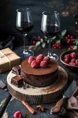 Canvas Print - Delicious chocolate cake topped with fresh raspberries. Perfect for bakery or dessert concept