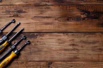 Poster - Group of tools on a wooden table, suitable for construction projects