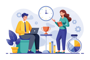 Canvas Print - A man and a woman are sitting in front of a laptop, engaged in work or discussion, people are talking about working hours rules, Simple and minimalist flat Vector Illustration