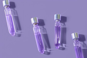 Poster - Stylish image of three perfume bottles on a purple background, perfect for beauty and fashion concepts