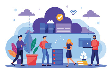 Poster - Group of People Standing Around a Computer, people back up cloud connections, Simple and minimalist flat Vector Illustration