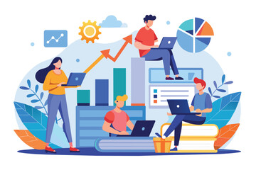 Sticker - Group of People Working on Laptops, People build strategy to increase business revenue using laptop, Simple and minimalist flat Vector Illustration