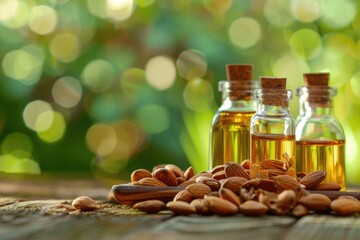 Poster - Bottles of almond oil next to a pile of almonds. Suitable for health and wellness concepts