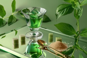 Poster - Green liquid in glass on table, suitable for science or medical concepts