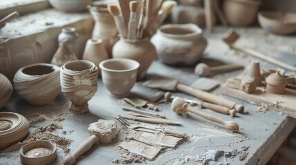 Poster - A variety of pottery displayed on a wooden table, perfect for interior design projects