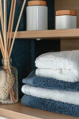 Poster - A stack of towels on a wooden shelf, perfect for home decor projects