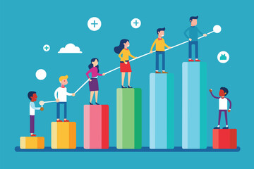 Wall Mural - Several individuals are standing on a bar chart, symbolizing teamwork and success in data analysis and growth, people growth data graph analysis, Simple and minimalist flat Vector Illustration