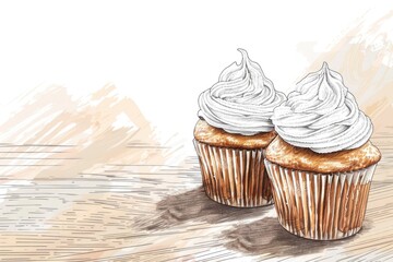 Poster - Two cupcakes with white frosting on a wooden table. Perfect for bakery or dessert concepts
