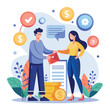 Man and Woman Shaking Hands Over Pile of Money, people make money investment agreements, Simple and minimalist flat Vector Illustration