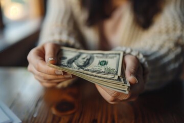 Canvas Print - A person holding a stack of money on a table. Suitable for financial concepts