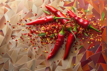 Poster - Fresh red chili peppers displayed on a colorful mosaic background, perfect for food or spice-related projects