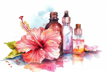 Poster - A beautiful watercolor painting of a flower and a bottle of essential oils. Perfect for aromatherapy or wellness concepts