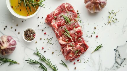 Poster - Freshly seasoned meat on a wooden table, perfect for food concepts